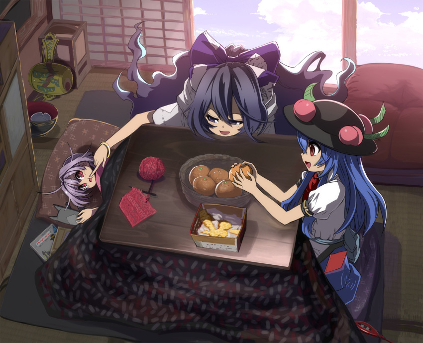 3girls :d bangle blanket blouse blue_bow blue_eyes blue_hair blue_skirt blue_sky bow bowl box bracelet cheek_poking clouds commentary_request day debt food from_above from_side fruit grey_hoodie hair_between_eyes hair_bow hat highres hinanawi_tenshi holding holding_food indoors jewelry leaf looking_at_another lying minigirl miracle_mallet multiple_girls needle open_mouth orange_(fruit) peach poking profile puffy_short_sleeves puffy_sleeves purple_hair red_eyes red_neckwear shope short_hair short_sleeves sidelocks sitting skirt sky smile stuffed_animal stuffed_cat stuffed_toy sukuna_shinmyoumaru table touhou white_blouse yarn yarn_ball yorigami_shion
