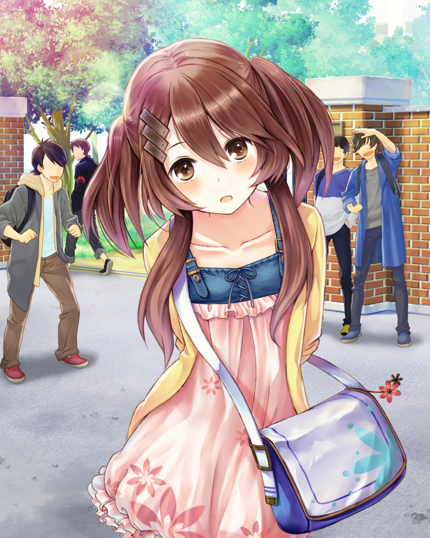 1girl 4boys absurdres arms_behind_back bag blush brown_eyes brown_hair collarbone day dress floral_print hair_between_eyes hair_ornament head_tilt highres jacket kishida_mel leaning_forward long_hair multiple_boys open_clothes open_jacket outdoors pink_dress school_fanfare solo_focus tree twintails yellow_jacket