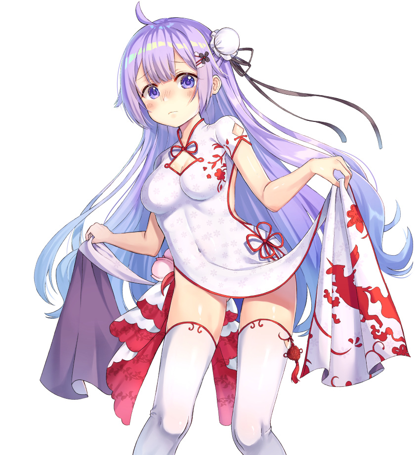 1girl absurdres ahoge azur_lane black_ribbon blush breasts bun_cover china_dress chinese_clothes cleavage_cutout covered_navel dress dress_lift eyebrows_visible_through_hair gluteal_fold hair_bun highres long_hair looking_at_viewer medium_breasts pelvic_curtain purple_hair rangen ribbon short_sleeves side_bun side_slit simple_background solo thigh-highs unicorn_(azur_lane) violet_eyes white_background white_dress white_legwear