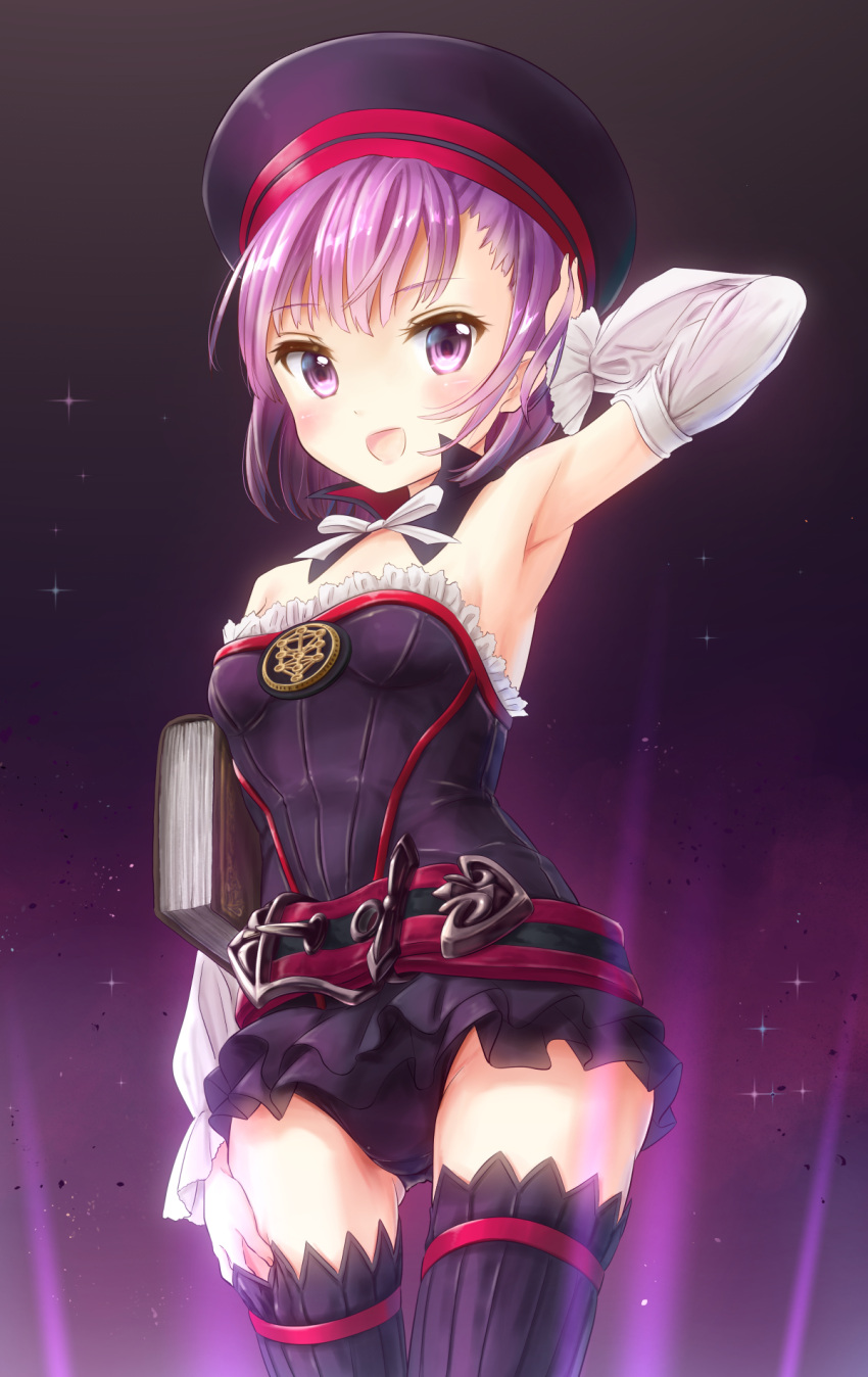 1girl anzu_yoshihiro armpits bare_shoulders black_hat book breasts detached_collar detached_sleeves dress eyebrows_visible_through_hair fate/grand_order fate_(series) hat helena_blavatsky_(fate/grand_order) highres looking_at_viewer purple_hair short_hair small_breasts solo strapless strapless_dress tree_of_life violet_eyes