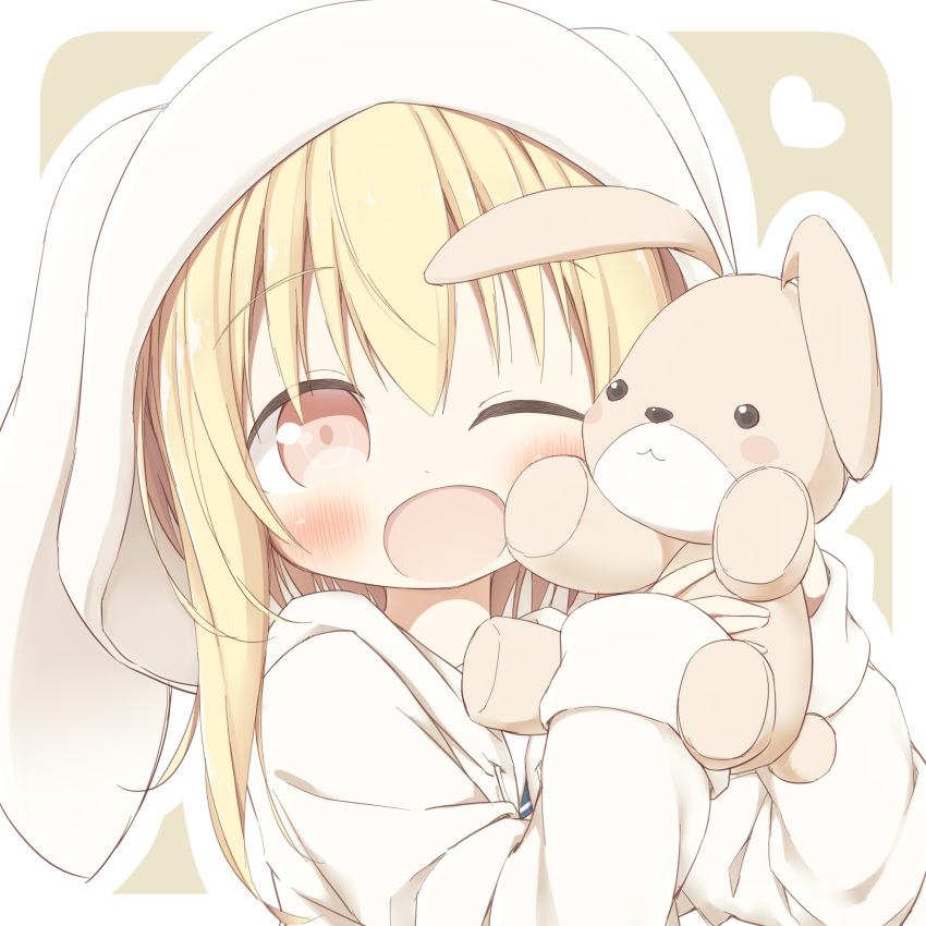 1girl ;d animal_ears animal_hood ayanepuna bangs battle_girl_high_school blonde_hair blush brown_eyes bunny_hood commentary_request eyebrows_visible_through_hair hair_between_eyes head_tilt heart highres holding holding_stuffed_animal hood hood_up hoodie long_hair long_sleeves looking_at_viewer one_eye_closed open_clothes open_hoodie open_mouth outline rabbit_ears sidelocks sleeves_past_wrists smile solo stuffed_animal stuffed_bunny stuffed_toy watagi_michelle white_hoodie white_outline