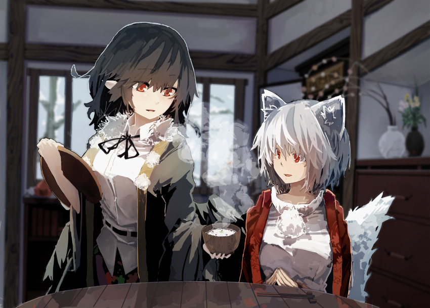2girls animal_ears bangs black_hair blurry blurry_background bowl breasts chopsticks commentary_request fingers_together fur_collar futatsuki_eru highres holding indoors inubashiri_momiji medium_breasts medium_hair multiple_girls plant pointy_ears pom_pom_(clothes) potted_plant red_eyes rice shameimaru_aya sitting skirt smile standing steam table tail touhou tray white_hair wolf_ears wolf_tail