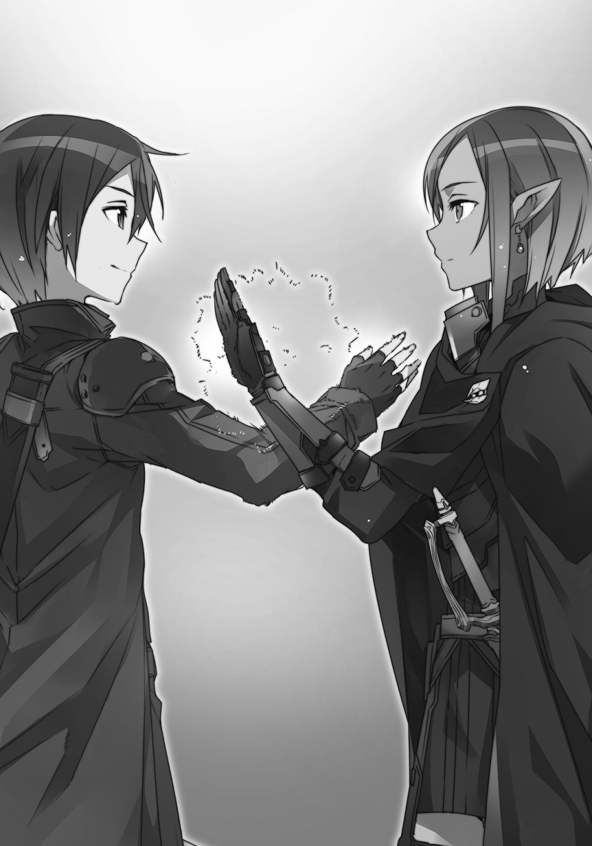1boy 1girl abec black_gloves cape dark_skin earrings eye_contact fingerless_gloves from_side gloves gradient gradient_background hair_between_eyes high_five highres jewelry kirito kizmel looking_at_another novel_illustration official_art pointy_ears sheath sheathed shoulder_pads smile sword sword_art_online weapon