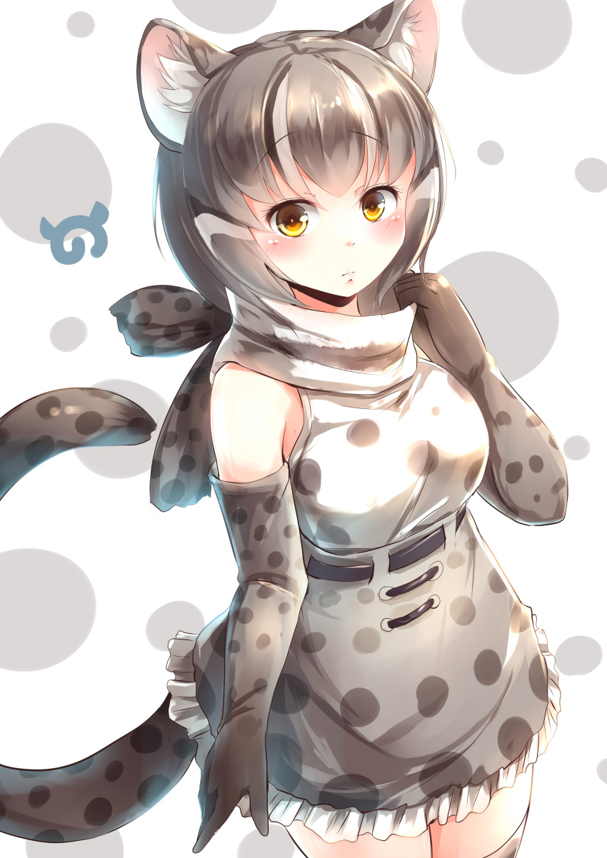 1girl absurdres animal_ears black_hair blush cat_ears cat_tail gloves grey_hair highres iriomote_cat_(kemono_friends) japari_symbol kanzakietc kemono_friends multicolored_hair scarf simple_background solo tail thigh-highs white_background white_hair yellow_eyes