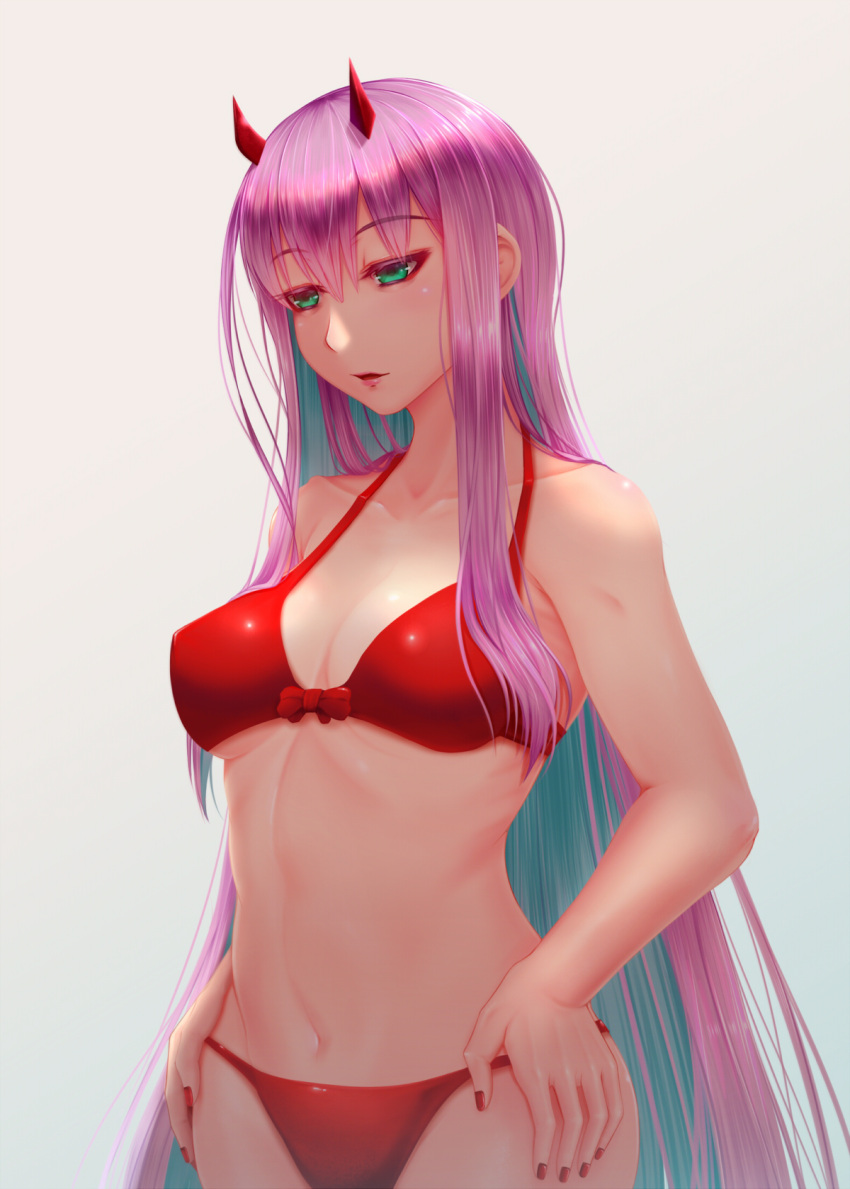 1girl bikini breasts darling_in_the_franxx green_eyes hands_on_hips highres horns lips long_hair medium_breasts nail_polish navel oldlim pink_hair red_bikini red_nails solo swimsuit zero_two_(darling_in_the_franxx)