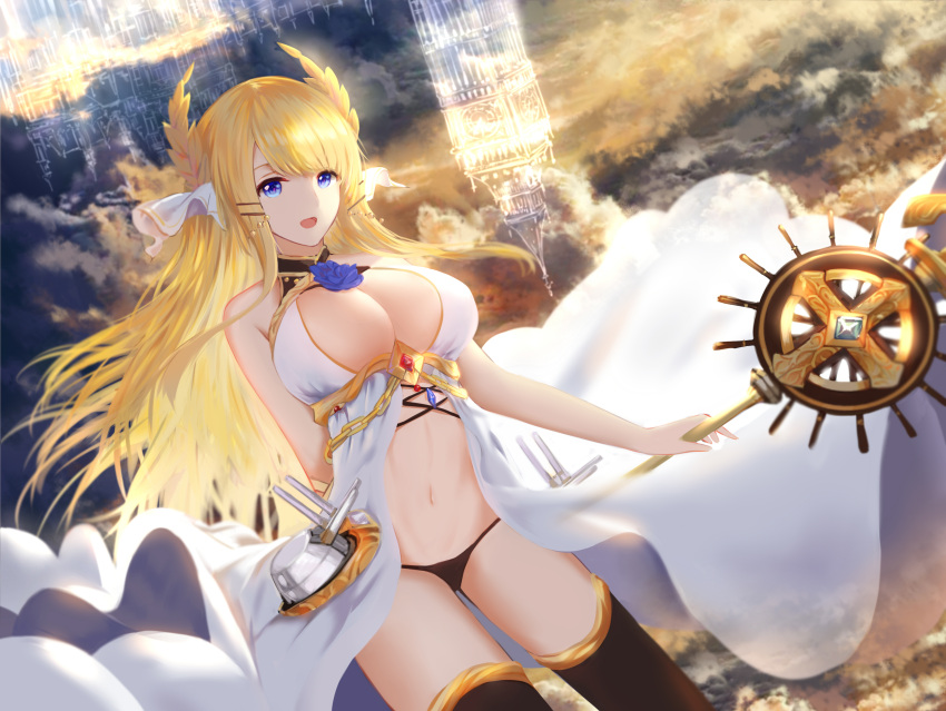 1girl :d absurdres arm_behind_back azur_lane black_panties blonde_hair blue_eyes blue_flower breasts cleavage clock clock_tower cowboy_shot flower hair_ornament hair_ribbon higandgk highres holding holding_staff large_breasts long_hair looking_at_viewer midriff navel open_mouth panties ribbon sleeveless smile solo staff stomach tower underwear very_long_hair victorious_(azur_lane) white_ribbon