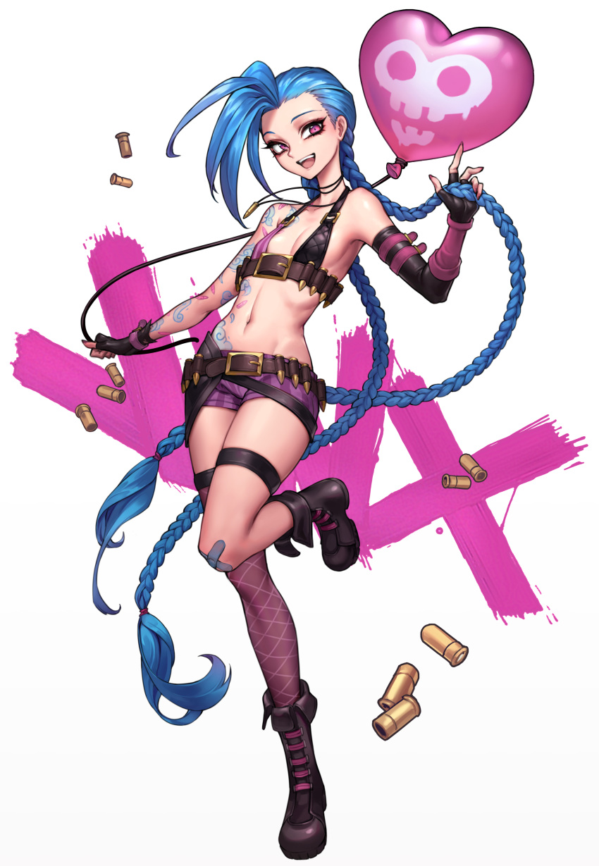 1girl :d absurdres balloon bandaid bandaid_on_knee bare_shoulders bikini_top black_gloves blue_hair boots braid breasts bullet character_name elbow_gloves eyeshadow fingerless_gloves full_body gloves highres jinx_(league_of_legends) league_of_legends long_hair looking_at_viewer makeup mismatched_footwear mismatched_gloves nail_polish navel oopartz_yang open_mouth paid_reward patreon_reward pink_eyes shell_casing short_shorts shorts simple_background single_elbow_glove single_knee_boot single_thighhigh small_breasts smile solo standing standing_on_one_leg tattoo thigh-highs thigh_strap twin_braids very_long_hair white_background