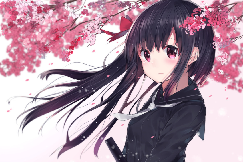 1girl bangs black_hair black_serafuku blurry blush cherry_blossoms commentary_request depth_of_field eyebrows_visible_through_hair flower graduation hair_ribbon highres long_hair long_sleeves looking_at_viewer necktie neku_(neku_draw) original petals pink_eyes red_ribbon ribbon school_uniform serafuku solo tearing_up tears tree_branch upper_body white_neckwear wind