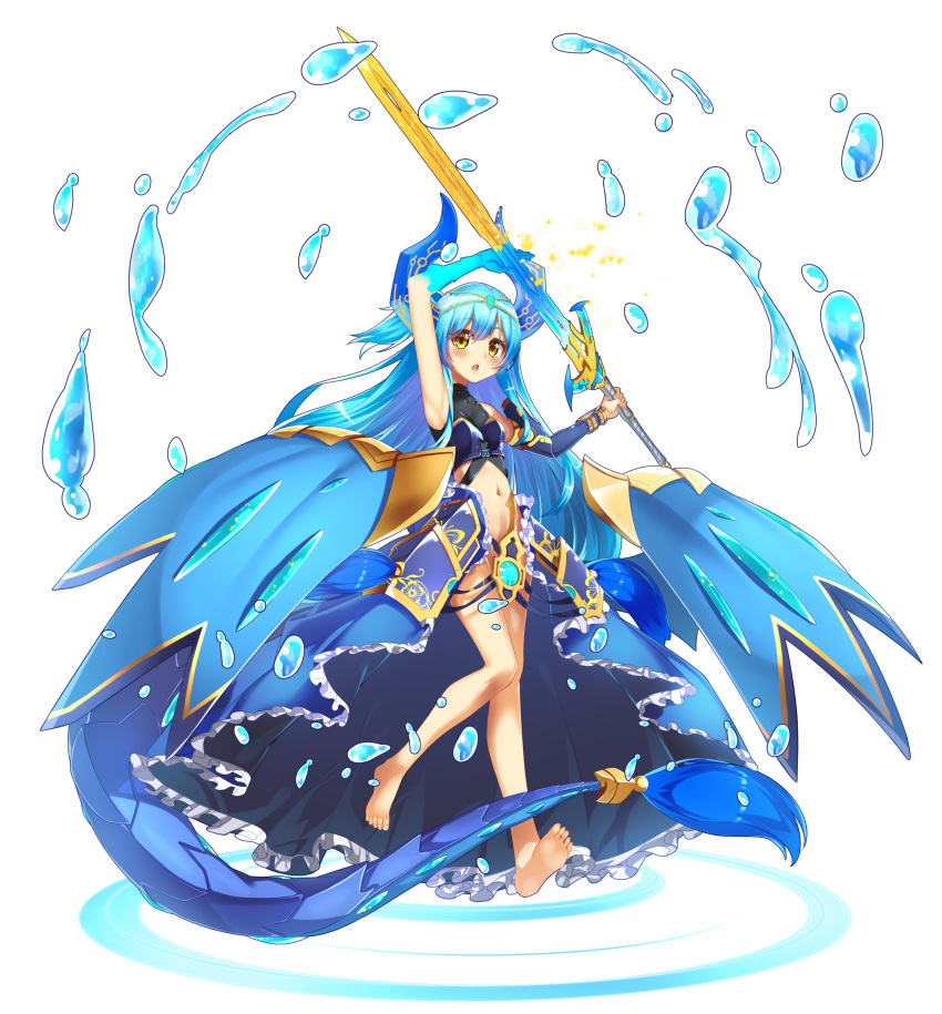 1girl bangs bare_legs bare_shoulders barefoot blue_hair blush breasts brown_eyes chestnut_mouth commentary_request curled_horns dragon_girl dragon_horns dragon_tail eyebrows_visible_through_hair groin hair_between_eyes haru_to_neru_(act_partner) highres holding holding_sword holding_weapon horns long_hair long_sleeves medium_breasts navel original parted_lips revealing_clothes simple_background single_detached_sleeve solo sword tail toenails very_long_hair water weapon white_background