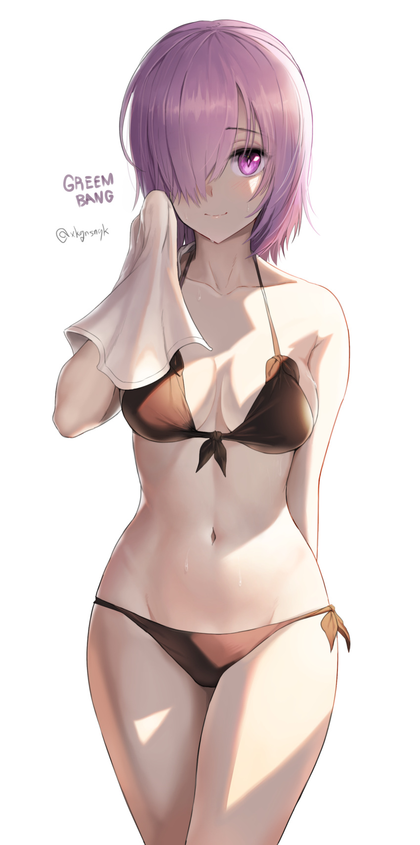1girl absurdres arms_behind_back artist_name bare_arms bare_shoulders bikini black_bikini blush breasts breasts_apart closed_mouth collarbone eyebrows_visible_through_hair fate/grand_order fate_(series) front-tie_bikini front-tie_top greem_bang groin hair_over_one_eye hand_up highres holding holding_towel looking_at_viewer mash_kyrielight medium_breasts medium_hair navel pink_eyes pink_hair shade side-tie_bikini signature simple_background slit_pupils smile solo standing stomach sunlight sweat swimsuit towel twitter_username white_background wiping_face wiping_sweat