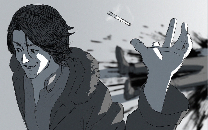1boy blood cigarette corpse facial_hair fur_trim greyscale highres jacket male_focus monochrome open_mouth real_life see-through self-defense_ojisan smile stubble tossing upper_body yue_(tada_no_saboten)