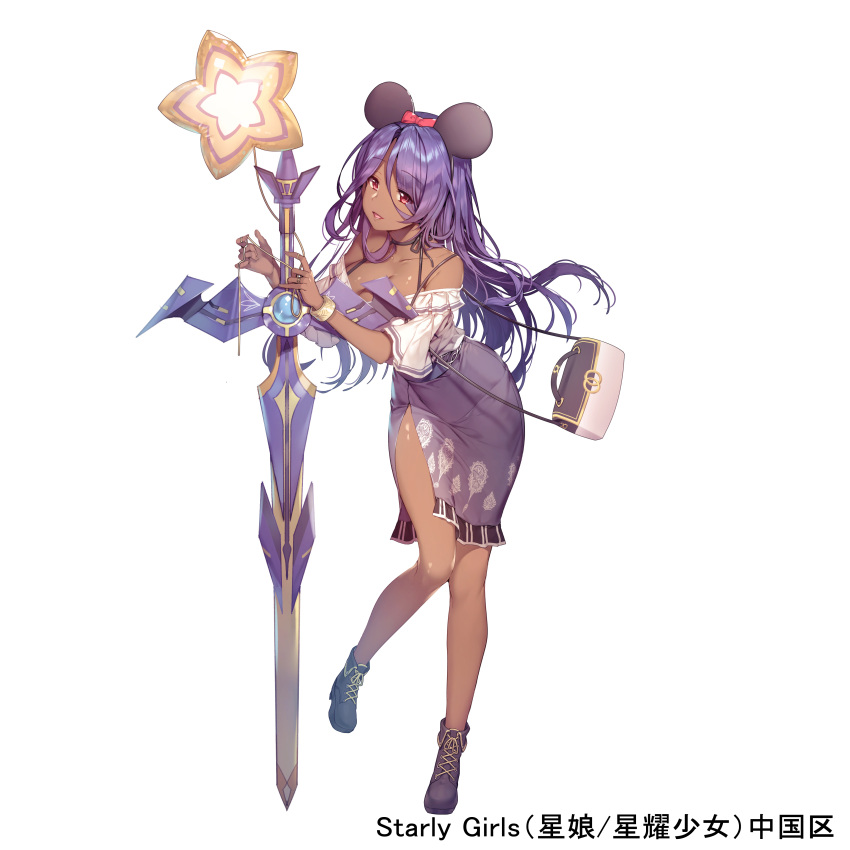 1girl absurdres aile_(crossroads) bag balloon bow breasts cleavage copyright_name dark_skin hair_bow hair_ornament handbag highres long_hair official_art open_mouth purple_hair purple_skirt red_eyes shoes skirt smile solo standing standing_on_one_leg starly_girls sword weapon