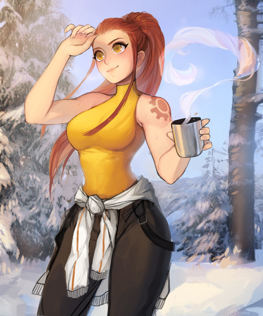 1girl absurdres bare_shoulders blue_sky brigitte_(overwatch) brown_hair commentary cup day highres long_hair looking_away matilda_vin outdoors overwatch pants ponytail shirt sky smile snow solo steam sweat tattoo tied_shirt tree winter yellow_eyes