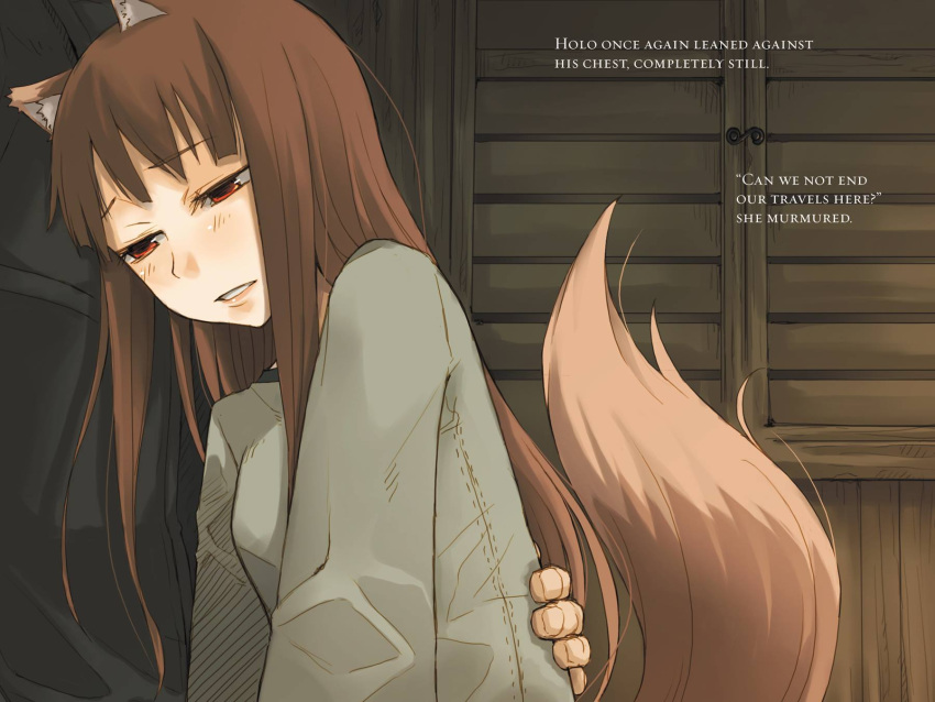 1girl animal_ears ayakura_juu brown_hair eyebrows_visible_through_hair grey_shirt hand_on_another's_waist highres holo indoors long_hair novel_illustration official_art parted_lips red_eyes shirt spice_and_wolf tail upper_body very_long_hair wolf_ears wolf_tail