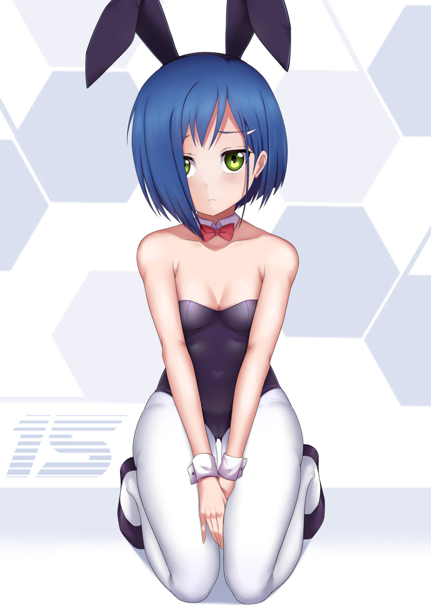 1girl alternate_costume animal_ears bare_arms bare_shoulders between_legs black_hairband blue_hair bow bowtie breasts bunny_girl bunnysuit caibao cleavage closed_mouth covered_navel darling_in_the_franxx detached_collar frown full_body green_eyes hair_ornament hairband hairclip hand_between_legs hexagon highres ichigo_(darling_in_the_franxx) kneeling leotard looking_at_viewer own_hands_together pantyhose purple_footwear purple_leotard rabbit_ears red_bow red_neckwear short_hair small_breasts solo strapless strapless_leotard white_legwear wrist_cuffs