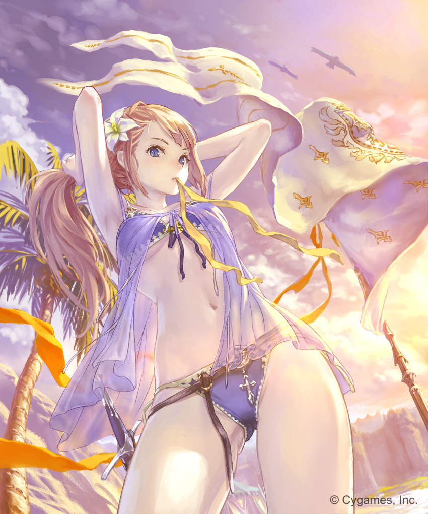 1girl armpits arms_up bangs banner bikini bird blonde_hair blue_eyes blush breasts clouds contrapposto cowboy_shot cygames evening flower front-tie_bikini front-tie_top gluteal_fold granblue_fantasy hair_flower hair_ornament hairband hairdressing hibiscus highres hisakata_souji jeanne_d'arc_(granblue_fantasy) lens_flare light_rays long_hair looking_at_viewer medium_breasts mouth_hold navel outdoors palm_tree purple_bikini purple_ribbon ribbon see-through sheath sheathed solo standing stomach sunbeam sunlight sunset swimsuit sword thighs tree tying_hair under_boob very_long_hair weapon