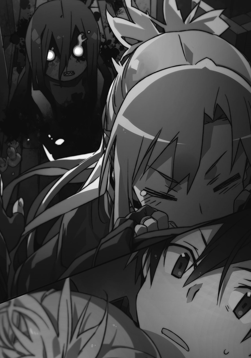 1boy 2girls abec asuna_(sao) clenched_teeth closed_eyes fingerless_gloves gloves glowing glowing_eyes greyscale hair_between_eyes highres kirito long_hair monochrome multiple_girls novel_illustration official_art scared sharp_teeth sweatdrop sword_art_online teeth