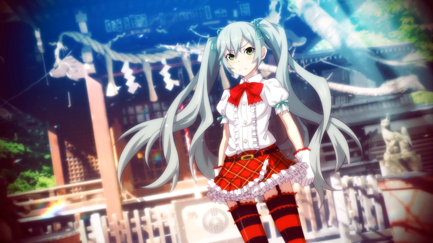 1girl akiba's_trip akiba's_trip_2 belt bow frilled_skirt frills gloves green_eyes hair_ribbon highres long_hair looking_at_viewer official_art ribbon rin_(akiba's_trip_2) serious shirt silver_hair skirt striped striped_legwear thigh-highs twintails very_long_hair white_gloves