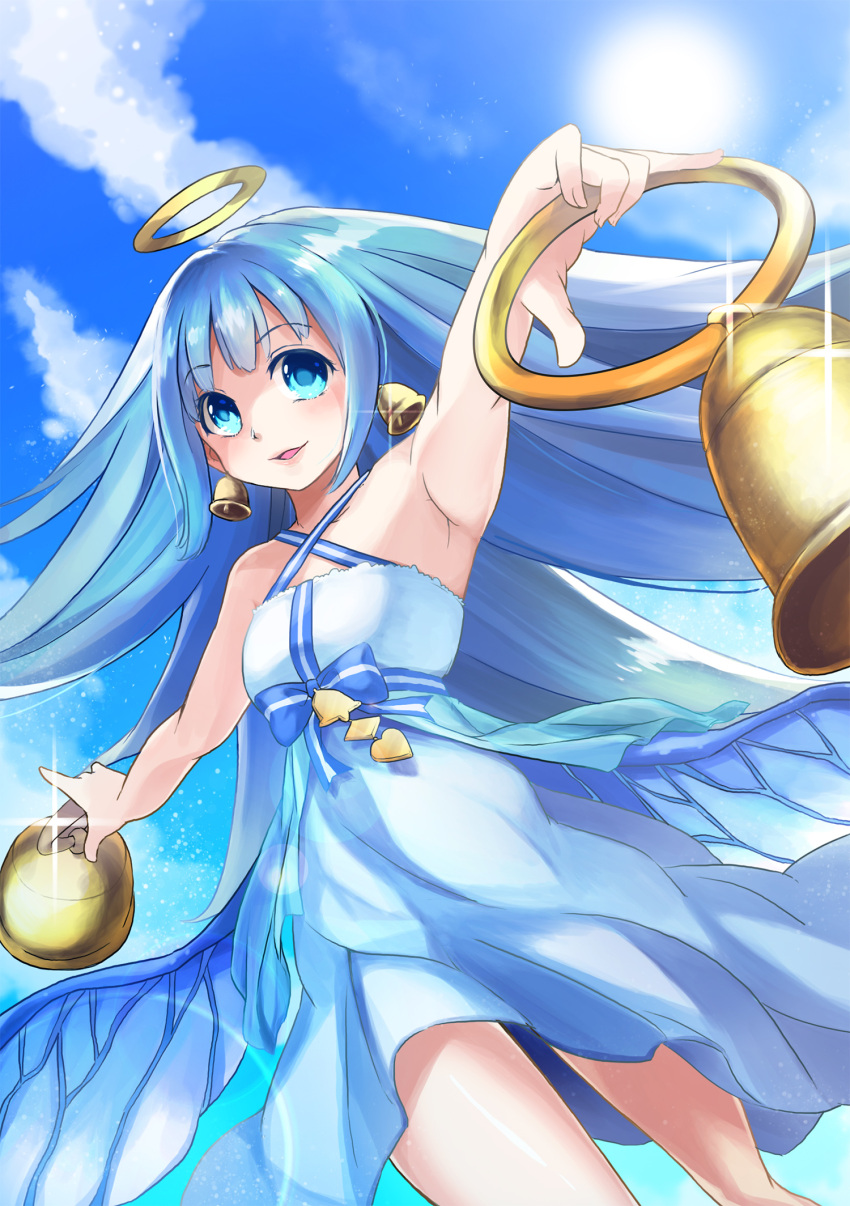 1girl :d angel_wings bad_leg bare_shoulders bell bell_earrings bellringer_angel blue_eyes blue_hair blue_sky bon_(bonbon315) day dress earrings halo halterneck hand_up highres jewelry long_hair looking_at_viewer open_mouth shadowverse sky smile solo sun white_dress wings