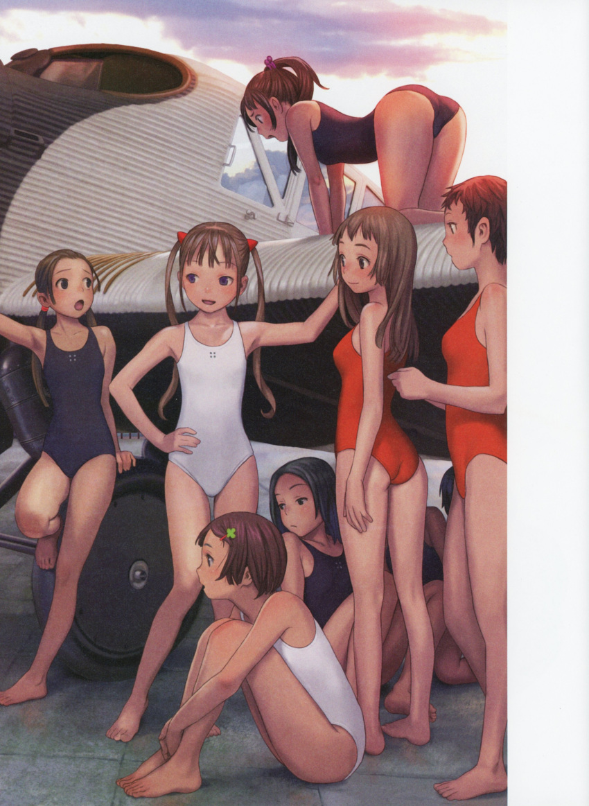 6+girls absurdres aircraft airplane all_fours barefoot black_swimsuit blue_eyes breasts brown_eyes brown_hair collarbone day flat_chest full_body hair_ornament hand_on_hip highres long_hair medium_breasts multiple_girls murata_renji one-piece_swimsuit open_mouth orange_swimsuit original outdoors short_hair sitting small_breasts standing swimsuit twintails white_swimsuit