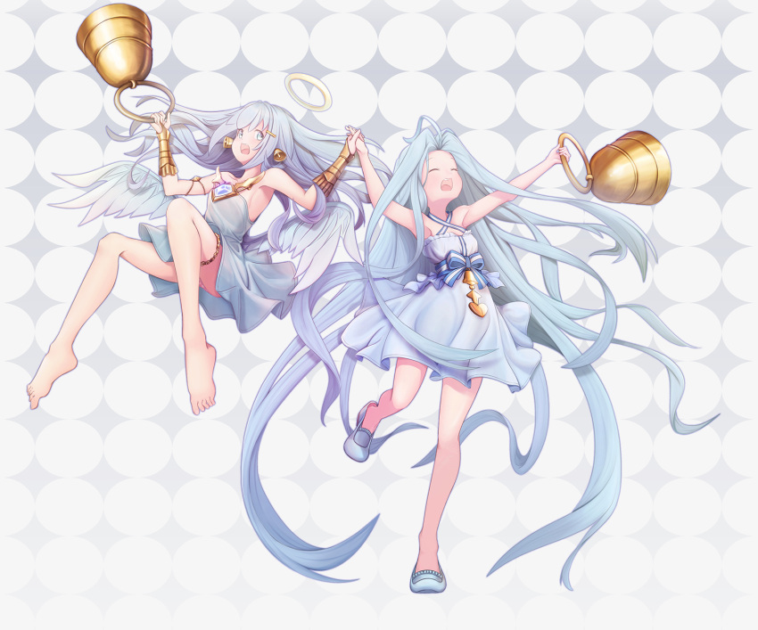 1girl 2girls :d ahoge bare_shoulders barefoot bell bell_earrings bellringer_angel blue_eyes blue_footwear blue_hair bracer closed_eyes cosplay costume_switch dress earrings granblue_fantasy hair_ornament hairclip halo highres jewelry kai16342215 long_hair lyria_(granblue_fantasy) midair multiple_girls open_mouth shadowverse smile standing standing_on_one_leg thigh_strap trait_connection very_long_hair white_dress wings