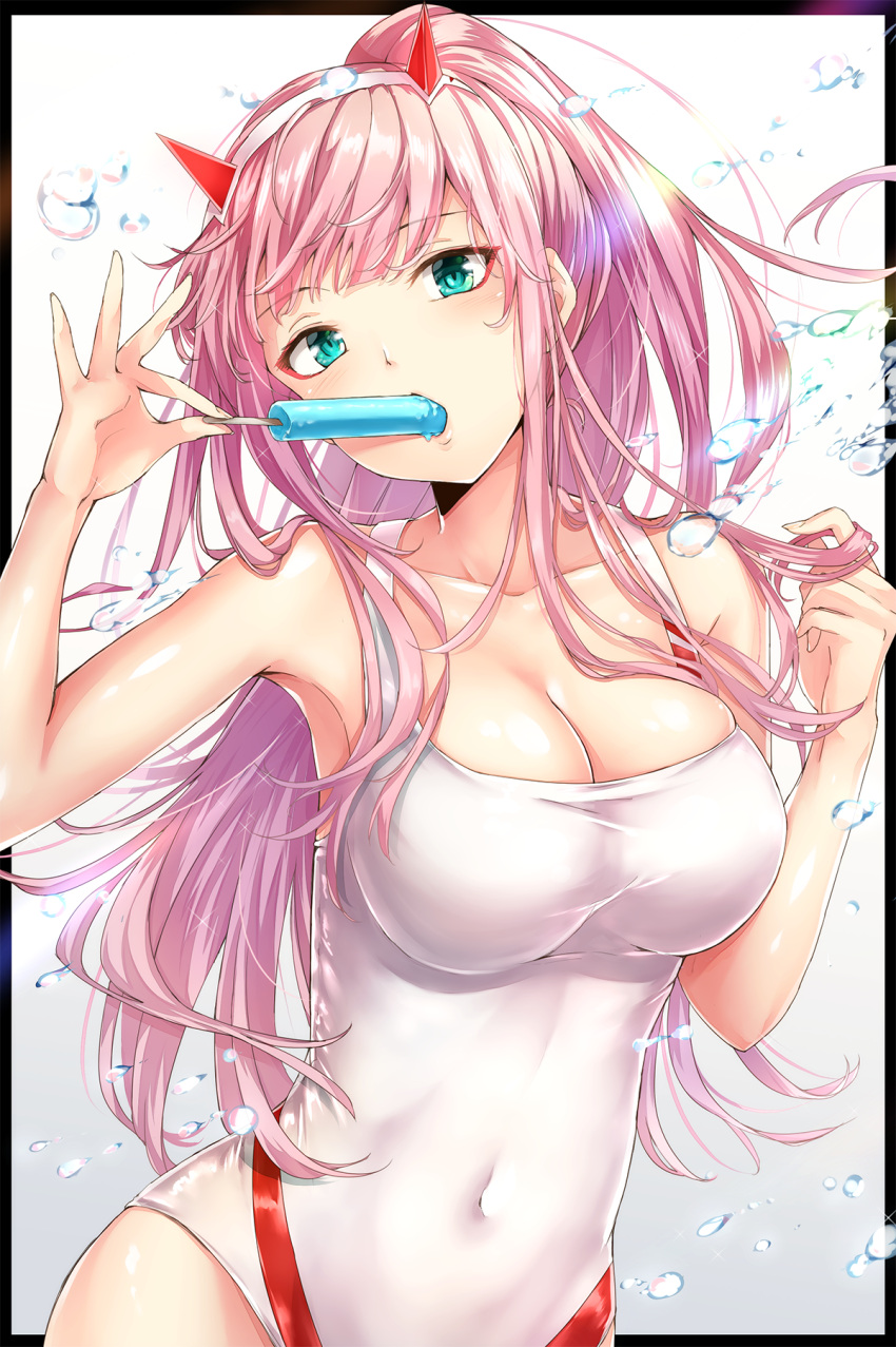 1girl aqua_eyes bangs bare_shoulders blush breasts cleavage commentary_request competition_swimsuit covered_navel dabadhi darling_in_the_franxx eating eyebrows_visible_through_hair eyeshadow food hairband highres horns large_breasts lips long_hair looking_at_viewer makeup one-piece_swimsuit pink_hair popsicle shiny shiny_hair shiny_skin solo straight_hair swimsuit water_drop white_hairband white_swimsuit zero_two_(darling_in_the_franxx)