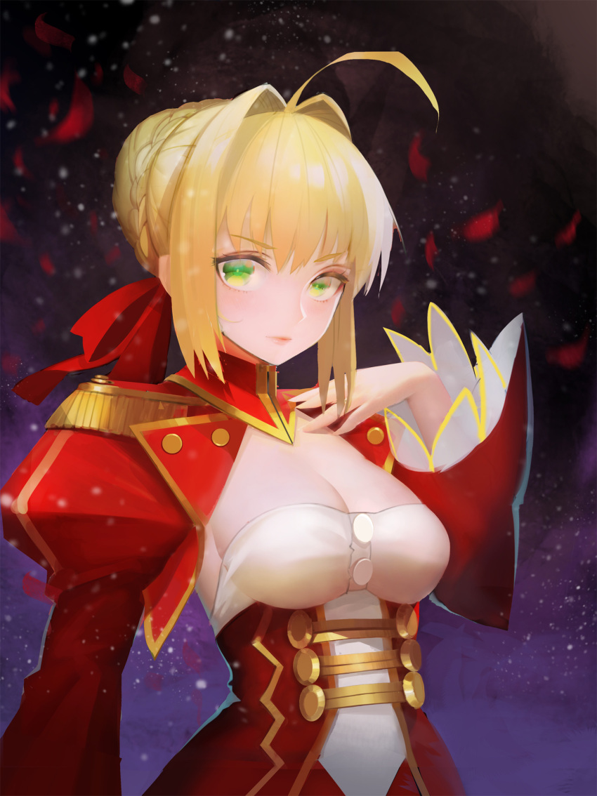 1girl ahoge blonde_hair braid breasts cleavage epaulettes fate/extra fate_(series) french_braid green_eyes hair_ribbon highres long_sleeves looking_at_viewer mcaster medium_breasts nero_claudius_(fate) nero_claudius_(fate)_(all) petals red_ribbon ribbon short_hair solo