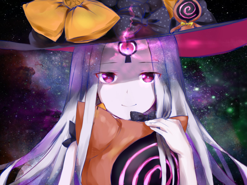 1girl abigail_williams_(fate/grand_order) amaroku_neko bangs black_bow black_hat bow closed_mouth commentary_request eyebrows_visible_through_hair fate/grand_order fate_(series) fingernails glowing hand_up hat highres long_hair looking_at_viewer orange_bow pale_skin parted_bangs polka_dot polka_dot_bow silver_hair smile solo space star_(sky) very_long_hair violet_eyes witch_hat