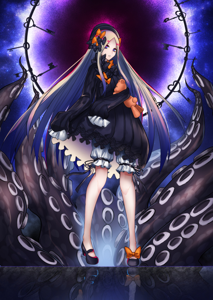 1girl abigail_williams_(fate/grand_order) absurdres asymmetrical_legwear bangs black_bow black_dress black_footwear black_hat black_legwear blonde_hair bloomers blue_eyes bow butterfly commentary_request different_reflection dress fate/grand_order fate_(series) hair_bow hat heart highres ichinose_rom key long_hair long_sleeves looking_at_viewer mary_janes object_hug orange_bow parted_bangs parted_lips polka_dot polka_dot_bow reflection shoes single_thighhigh sleeves_past_fingers sleeves_past_wrists solo stuffed_animal stuffed_toy suction_cups teddy_bear tentacle thigh-highs underwear very_long_hair white_bloomers