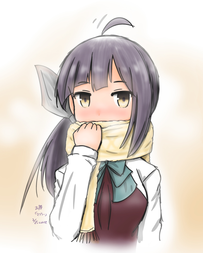 1girl ahoge bow bowtie curse_(023) fujinami_(kantai_collection) hair_ribbon halterneck highres kantai_collection long_hair long_sleeves looking_at_viewer necktie ponytail ribbon scarf shirt