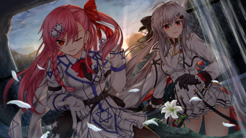 2girls ahoge bangs belt black_bow black_gloves black_legwear black_ribbon blue_sky blush bow braid breasts brown_legwear buttons chain-link_fence chien_zero cityscape clouds coat collared_jacket eyebrows_visible_through_hair fence floating_hair flower frilled_sleeves frills girls_frontline gloves grey_shirt hair_between_eyes hair_bow hair_ornament hair_ribbon hairclip hand_up hexagram highres israel iws-2000_(girls_frontline) light_rays long_hair looking_at_viewer medal military military_uniform multiple_girls neck_bow negev_(girls_frontline) one_eye_closed one_side_up open_clothes pantyhose parted_lips petals pink_hair pleated_skirt pouch red_bow red_eyes red_ribbon ribbon ruins scenery shirt sidelocks silver_hair skirt sky smile star_of_david strap thighs uniform white_gloves white_skirt wind