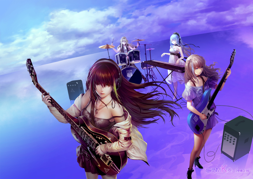 4girls ak-12_(girls_frontline) alternate_costume amplifier an-94_(girls_frontline) ankle_boots bangs bare_shoulders belt black_footwear black_legwear black_ribbon black_tank_top blonde_hair blue_eyes boots braid breasts brown_eyes brown_hair buckle chains choker cleavage closed_eyes closed_mouth collarbone dated dress drum drumsticks electric_guitar eyebrows_visible_through_hair floating_hair french_braid fur-trimmed_vest girls_frontline grifon&amp;kryuger guitar hair_ornament hairband headphones high_heel_boots high_heels highres holding holding_instrument instrument jacket jewelry keyboard_(instrument) long_hair looking_at_viewer looking_away m4a1_(girls_frontline) medium_breasts multicolored_hair multiple_girls neck_ribbon necklace off_shoulder one_side_up pants pantyhose pink_hair plectrum purple_dress ribbon shirt side_ponytail silver_hair sitting small_breasts st_ar-15_(girls_frontline) standing strap streaked_hair tank_top thighs very_long_hair vest wangling_mk_san white_dress white_footwear white_jacket white_singlet wind wind_lift wristband