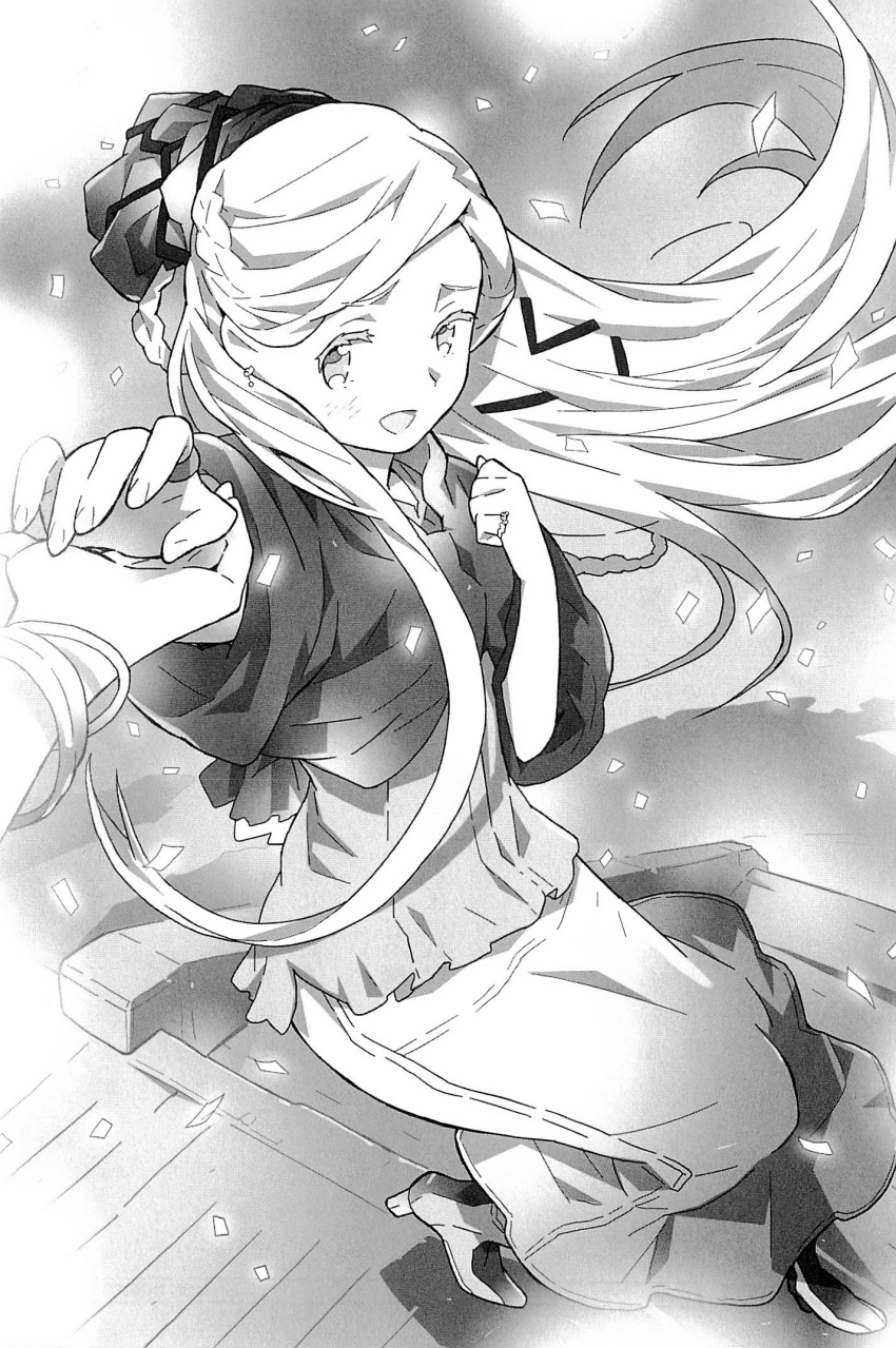 1girl :d boots floating_hair from_above full_body greyscale hand_holding hara_kazuhiro high_heel_boots high_heels highres jewelry log_horizon long_hair long_skirt looking_at_viewer monochrome novel_illustration official_art open_mouth reinesia_el_arte_cowen ring skirt smile standing very_long_hair