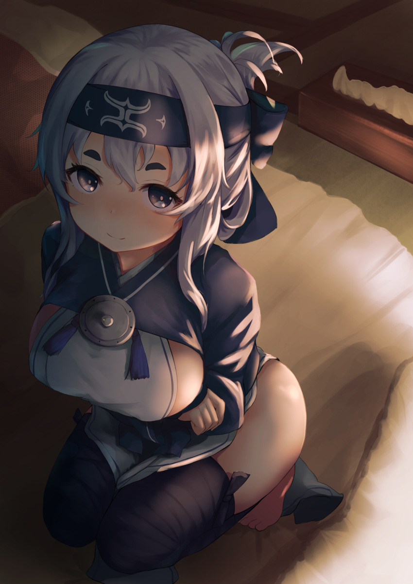 1girl ainu_clothes bandage barefoot bed black_legwear blue_eyes cropped_jacket folded_ponytail headband highres kamoi_(kantai_collection) kantai_collection long_sleeves looking_at_viewer momiji_manjuu_(usagiblackmore) pelvic_curtain sidelocks smile solo squatting thick_eyebrows thigh-highs tissue_box white_hair wrist_guards