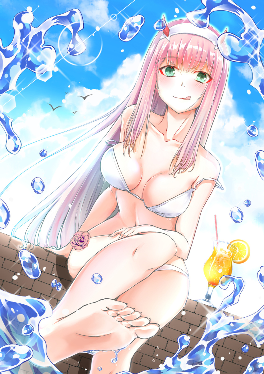 aqua_eyes barefoot bikini blush breasts brick cleavage clouds cloudy_sky cup darling_in_the_franxx drink drinking_glass drinking_straw dutch_angle flower food foreshortening fruit hairband highres horns ice ice_cube lemon lemon_slice lens_flare long_hair looking_at_viewer medium_breasts midriff navel pink_hair realdragon sitting sky strap_slip swimsuit tongue tongue_out water white_bikini zero_two_(darling_in_the_franxx)