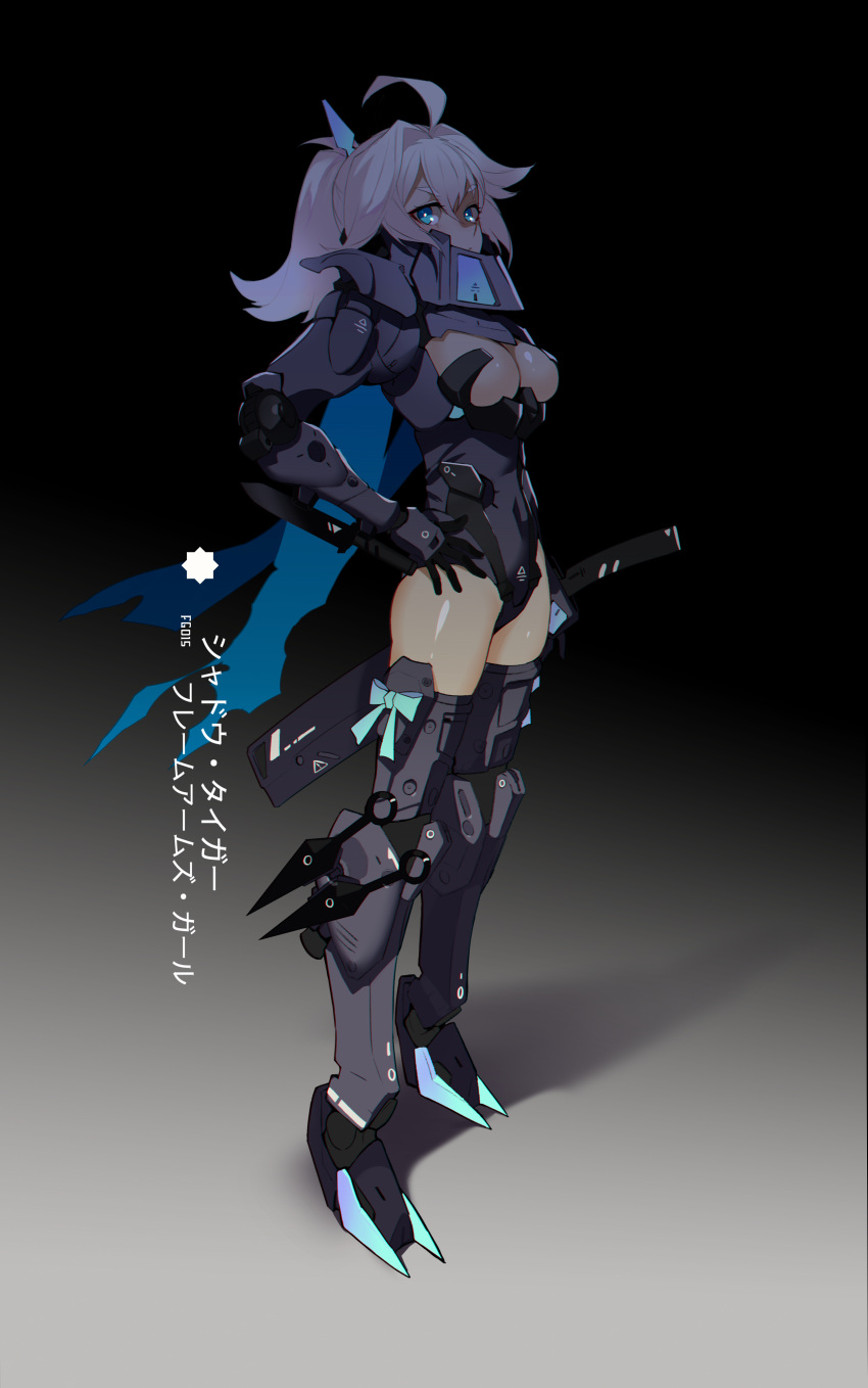 1girl absurdres ahoge armor armored_boots armored_leotard bangs black_footwear black_leotard blue_bow blue_eyes blush boots bow breasts bridal_gauntlets cleavage cleavage_cutout closed_mouth covered_navel dark_background eyebrows_visible_through_hair frame_arms_girl from_side full_body hand_on_hip highres kunai leotard long_hair looking_at_viewer looking_to_the_side medium_breasts ponytail realmbw shaded_face shadow sheath sheathed shiny shiny_skin solo sword thick_eyebrows thigh-highs thigh_boots thighs translation_request weapon white_hair