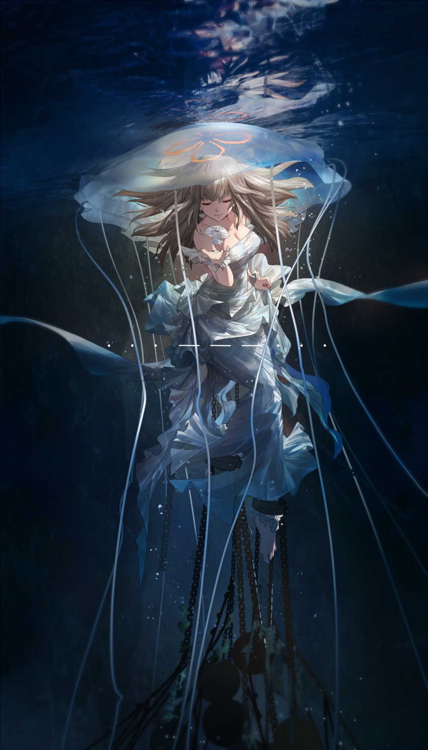 1girl absurdres afloat air_bubble bare_shoulders barefoot blonde_hair breasts bubble chains cleavage closed_eyes closed_mouth collarbone dress highres jellyfish long_dress long_hair mivit off-shoulder_dress off_shoulder original reflection restrained smile sos submerged toes underwater water white_dress