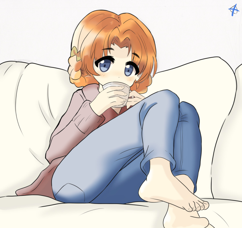 1girl barefoot blue_eyes bow braid couch cup denim drinking_cup eyebrows_visible_through_hair girls_und_panzer hair_bow holding holding_cup jeans looking_at_viewer orange_hair orange_pekoe pants pierre_kirby pillow robe short_hair sipping sitting tied_hair toes twin_braids