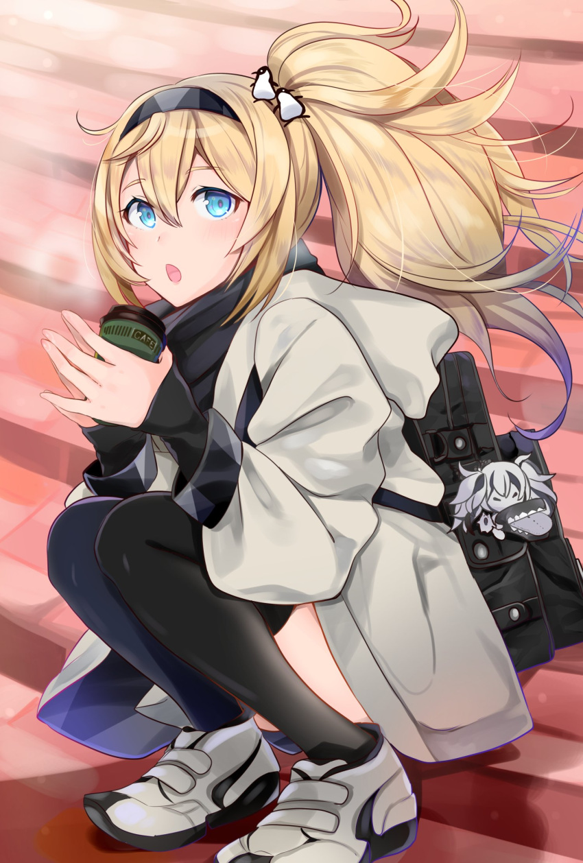 1girl backpack bag blonde_hair blue_eyes cafe coat commentary_request cup escort_water_hime eyebrows_visible_through_hair gambier_bay_(kantai_collection) hair_between_eyes hair_ornament hairband hands_together highres kantai_collection looking_at_viewer open_mouth ponytail scarf shoes sitting sneakers stairs thigh-highs winter yuna_(yukiyuna) zettai_ryouiki