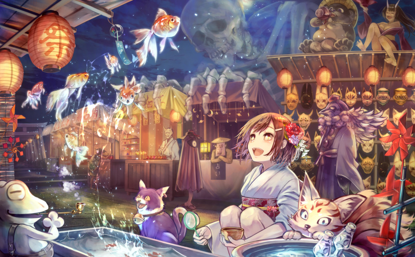 1girl :d bamboo_screen bangs barefoot bell bell_collar blush brat breasts brown_eyes brown_hair candy candy_apple cat cleavage closed_eyes collar crossed_arms cup drinking festival fish flower flying_fish food foot_dangle fox_mask frog gashadokuro goldfish goldfish_scooping hair_flower hair_ornament hairclip hat highres japanese_clothes jingle_bell kanzashi kappa karakasa_obake kimono kiseru kneeling lantern laughing lollipop long_sleeves looking_away looking_up mask mask_removed medium_breasts multiple_torii nekomata night obi obijime off_shoulder on_roof oni_horns oni_mask open_mouth original outdoors overalls paper_lantern pinwheel pipe pipe_in_mouth ramune sakazuki sash sett short_hair sitting skeleton sleeves_pushed_up smile squatting stall standing summer_festival swept_bangs tanuki tengu tokin_hat torii umbrella water wide_sleeves wind_chime