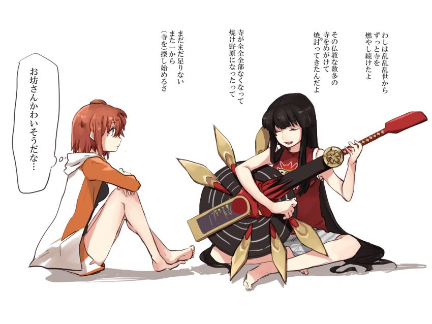 2girls bangs barefoot black_hair closed_eyes clothes_writing commentary_request crossed_ankles crossed_arms electric_guitar fate/grand_order fate_(series) fujimaru_ritsuka_(female) guitar hands_on_own_knees hood instrument long_hair long_sleeves looking_at_another medium_hair multiple_girls music nemu_(sleeeeepming) oda_nobunaga_(fate) oda_nobunaga_(swimsuit_berserker)_(fate) open_mouth orange_hair playing_instrument shadow shirt side_ponytail singing sitting sleeveless sleeveless_shirt thought_bubble translation_request very_long_hair white_background