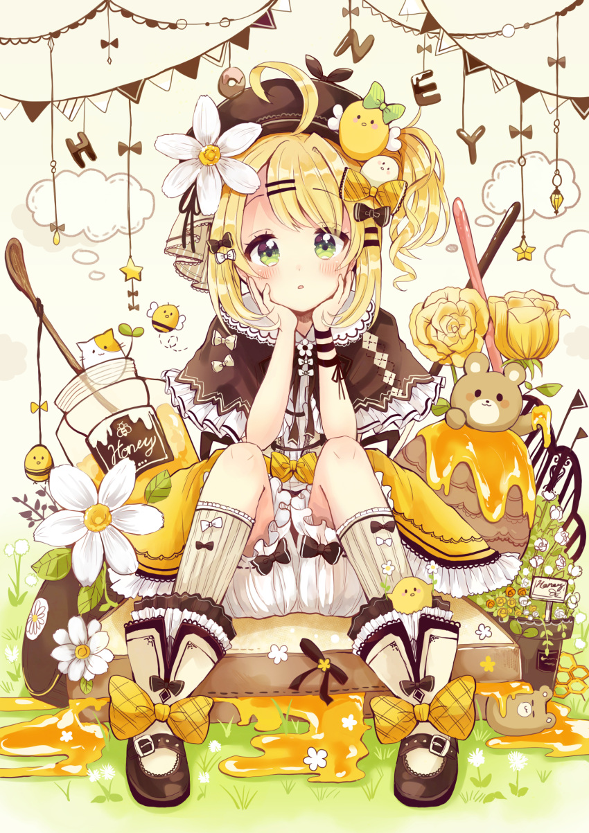 1girl :o ahoge animal animal_on_head bee bird bird_on_head blonde_hair bloomers blush boots bow capelet chin_rest flower frilled_capelet green_eyes hair_bow hair_flower hair_ornament hairpin hat highres honey jar kneehighs looking_at_viewer mary_janes on_head original plant potted_plant sakura_oriko shoes side_ponytail sitting solo string_of_flags underwear wristband yellow_bow