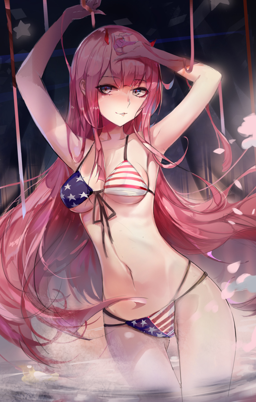 1girl bare_shoulders breasts darling_in_the_franxx green_eyes highres horns large_breasts long_hair looking_at_viewer pink_hair rabbit_(tukenitian) solo swimsuit thigh-highs thighs zero_two_(darling_in_the_franxx)