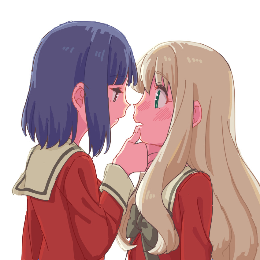 2girls absurdres backlighting black_hair blonde_hair blush bow commentary_request couple deathroling face-to-face from_side green_eyes hand_on_another's_chin highres imminent_kiss kawamura_reo long_hair long_sleeves medium_hair multiple_girls open_mouth red_eyes red_shirt sawaguchi_mai school_uniform shirt sono_hanabira_ni_kuchizuke_wo white_background yuri