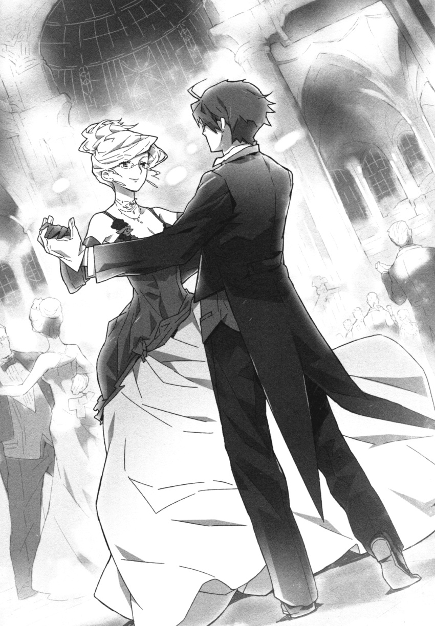 ahoge breasts cleavage dancing dress dutch_angle elbow_gloves formal full_body glasses gloves greyscale hand_holding hara_kazuhiro henrietta_(log_horizon) highres indoors jewelry log_horizon medium_breasts monochrome necklace novel_illustration official_art pants shiroe short_hair sleeveless sleeveless_dress smile standing