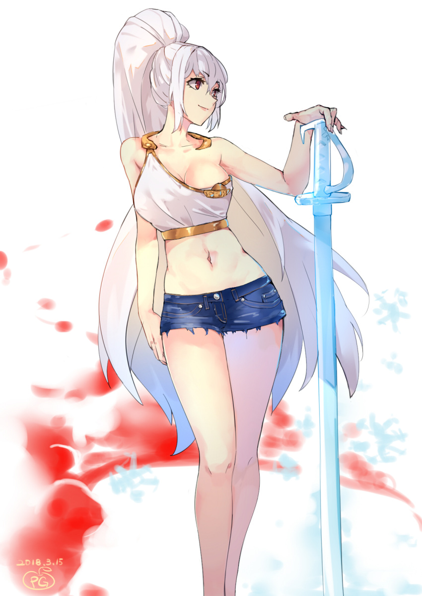 1girl bangs breasts cutoffs dated denim denim_shorts dungeon_and_fighter eyebrows_visible_through_hair halterneck highres large_breasts long_hair looking_to_the_side midriff mou_zhi_pingguo navel ponytail red_eyes short_shorts shorts smile solo standing sword very_long_hair weapon white_hair