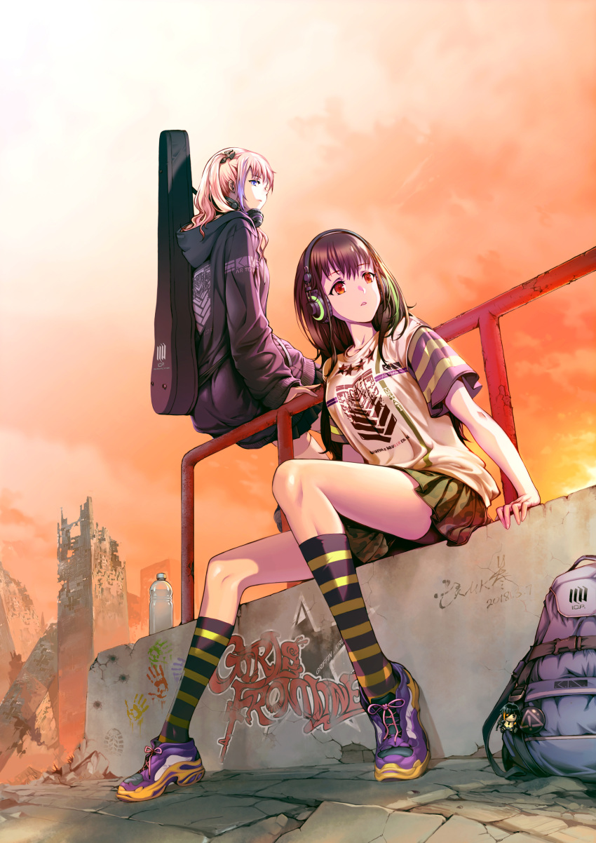 2girls absurdres alternate_costume arm_support backpack bag bangs bike_shorts black_hair black_sweater blue_eyes bottle breasts buckle bullet_hole camouflage camouflage_skirt cityscape closed_mouth clouds collarbone cracked dated evening expressionless eyebrows_visible_through_hair eyepatch girls_frontline graffiti guitar_case hair_between_eyes hair_ornament hand_print headphones headphones_around_neck highres hood hooded_sweater instrument_case long_hair looking_at_another looking_away looking_back m16a1_(girls_frontline) m4a1_(girls_frontline) medium_breasts multicolored_hair multiple_girls one_side_up orange_sky parted_lips pink_hair pleated_skirt red_eyes ruins scar scar_across_eye shirt shoe_print shoes shorts_under_skirt side_ponytail sidelocks signature sitting sitting_on_railing skirt sky sneakers st_ar-15_(girls_frontline) strap streaked_hair striped striped_legwear stuffed_toy sweater thigh-highs thighs vest wangling_mk_san white_legwear