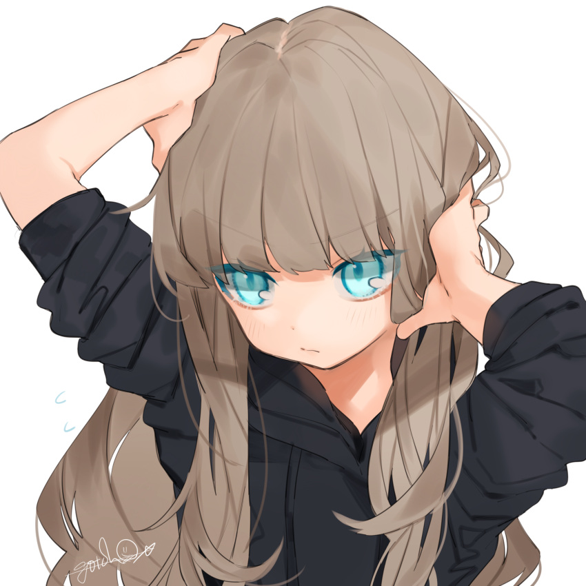 bangs black_hoodie blue_eyes brown_hair character_request commentary copyright_request eyebrows_visible_through_hair gotoh510 hands_on_own_head highres locks long_hair signature tsurime white_background