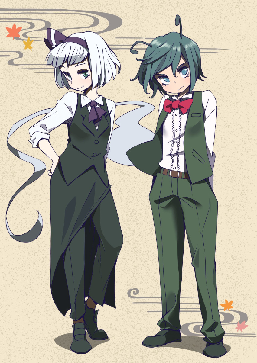 2girls antennae arms_behind_back belt bow bowtie collared_shirt commentary green_eyes green_hair green_pants green_skirt green_vest highres konpaku_youmu konpaku_youmu_(ghost) long_sleeves looking_at_viewer multiple_girls nunupon0514 pants pants_under_skirt shirt shoes short_hair silver_hair skirt slacks sleeves_rolled_up smile touhou vest wriggle_nightbug