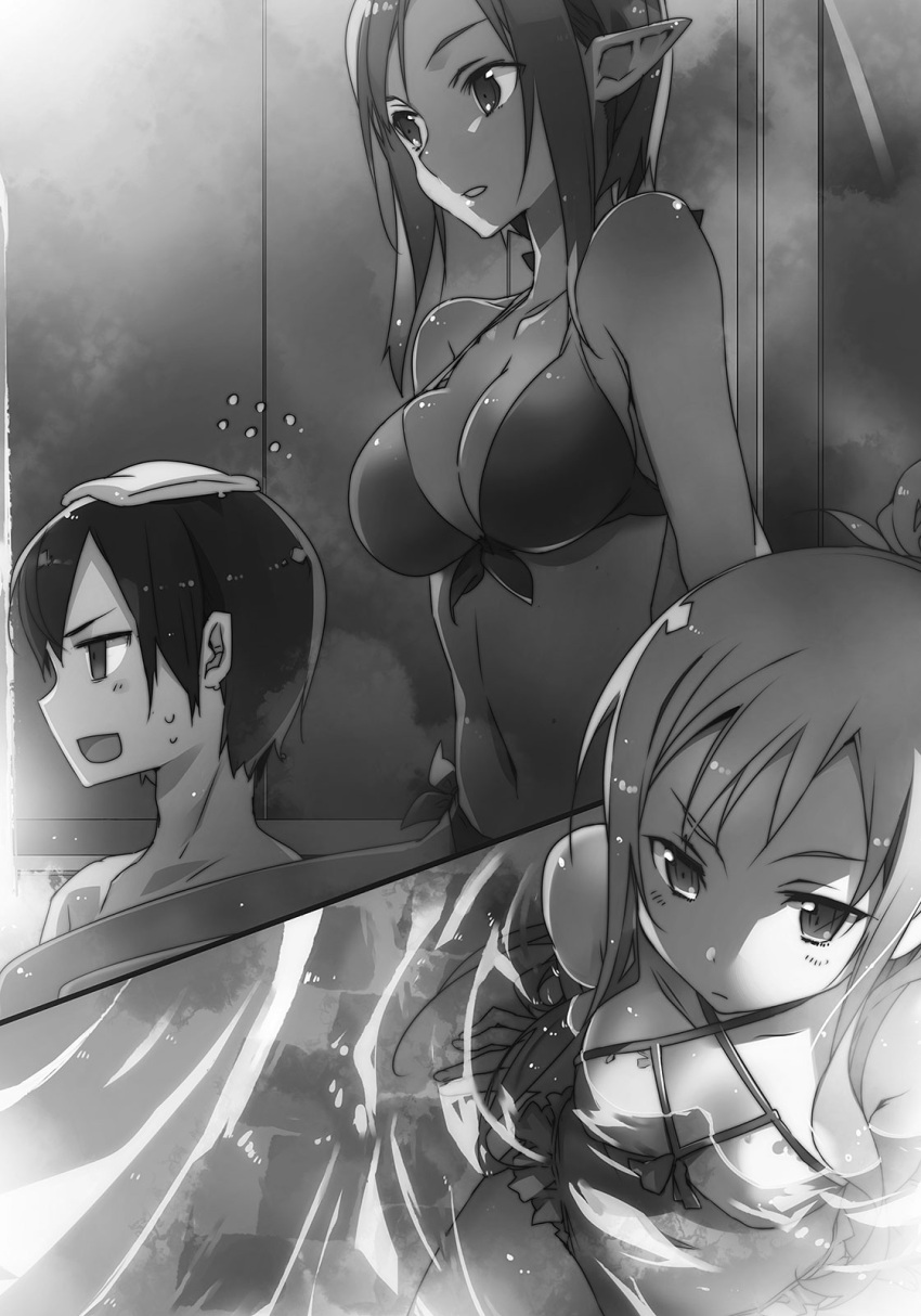 1boy 2girls abec arm_support asuna_(sao) bikini breasts casual_one-piece_swimsuit cleavage collarbone dark_skin greyscale highres kirito kizmel medium_breasts mixed_bathing monochrome multiple_girls novel_illustration official_art one-piece_swimsuit open_mouth parted_lips partially_submerged pointy_ears shiny shiny_hair short_hair_with_long_locks sideboob sidelocks sitting small_breasts sweatdrop swimsuit sword_art_online